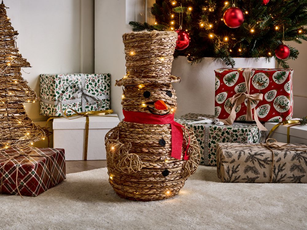 Decorazione LED Pupazzo di neve in ferro naturale e rattan 52 cm Figura natalizia luminosa 50 lampadine LED