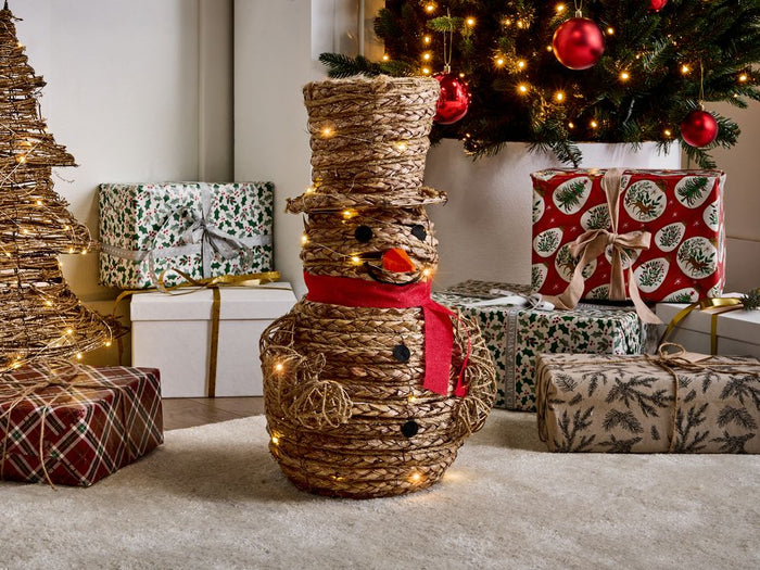 Decorazione LED Pupazzo di neve in ferro naturale e rattan 52 cm Figura natalizia luminosa 50 lampadine LED