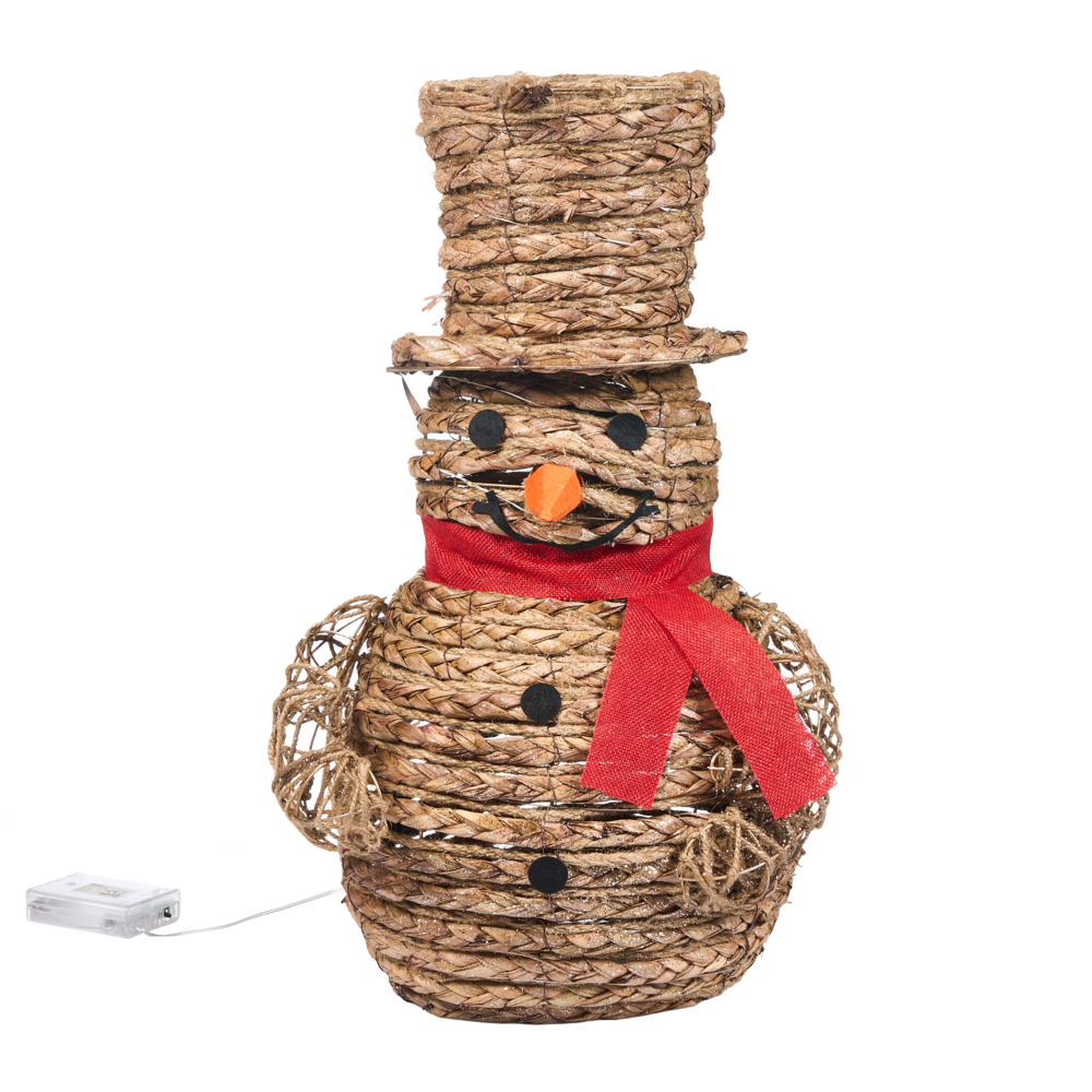Decorazione LED Pupazzo di neve in ferro naturale e rattan 52 cm Figura natalizia luminosa 50 lampadine LED