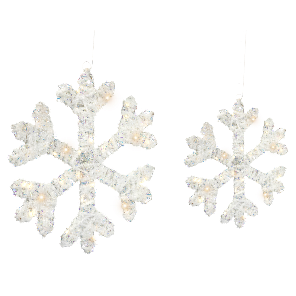 Set di 2 decorazioni natalizie a LED sospese a forma di fiocco di neve in metallo bianco