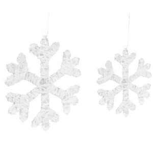 Set di 2 decorazioni natalizie a LED sospese a forma di fiocco di neve in metallo bianco