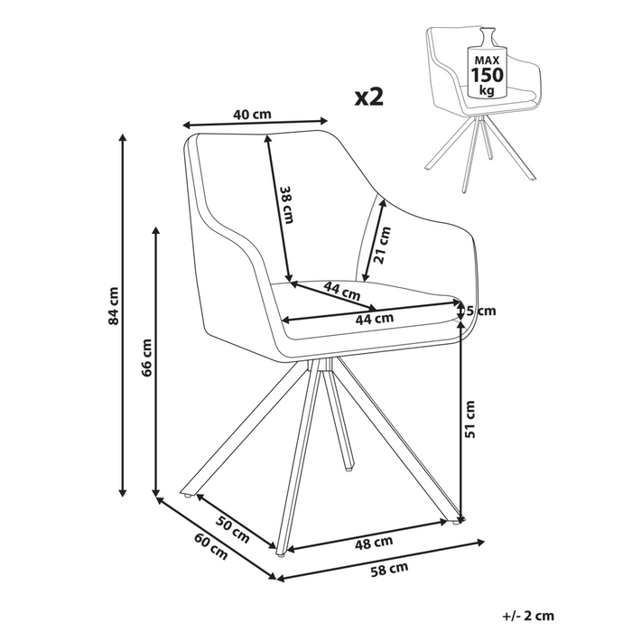 Set di 2 sedie in poliestere bianco e nero con gambe in metallo per la sala da pranzo