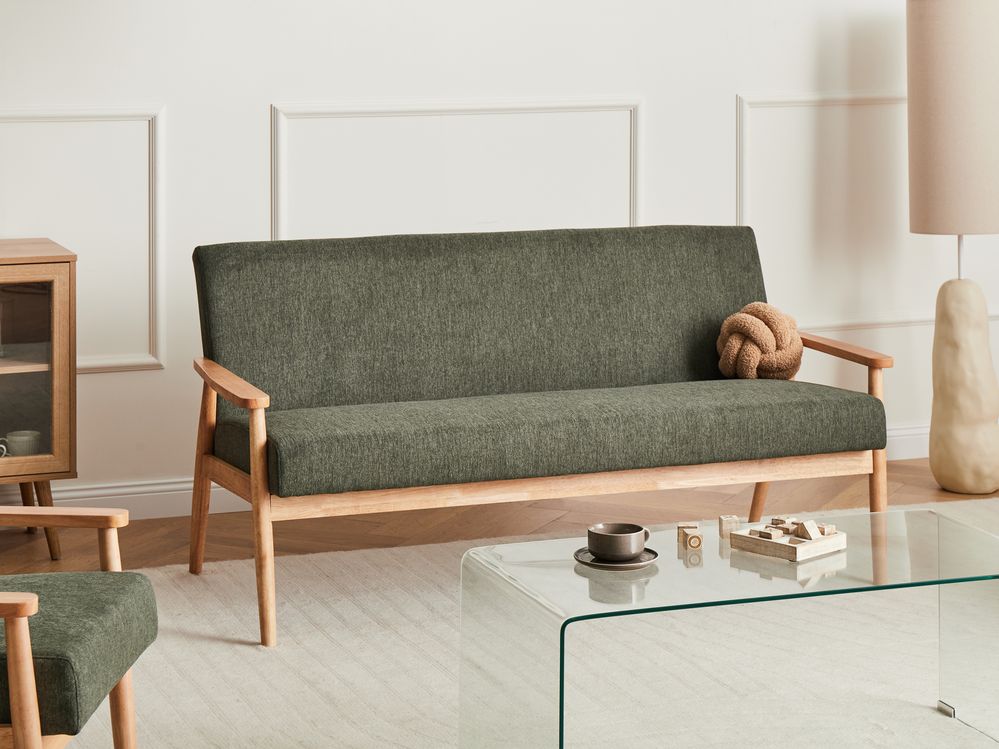 Divano da salotto a 3 posti in tessuto e struttura in legno verde e marrone chiaro struttura in legno stile retrò