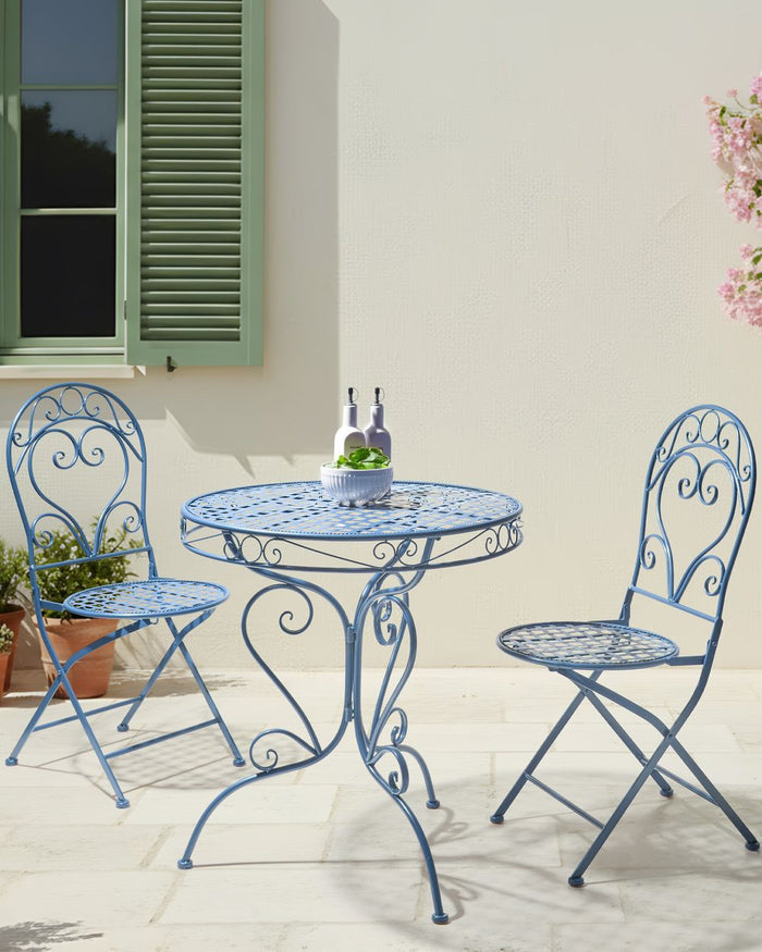 Set di 2 sedie da esterno in metallo verniciato a polvere blu con schienale a volute