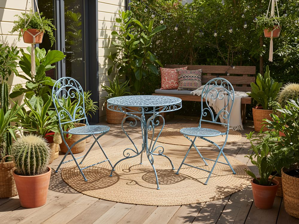 Set da bistrot da giardino in metallo blu verniciato a polvere con tavolo e sedie da 3 pezzi