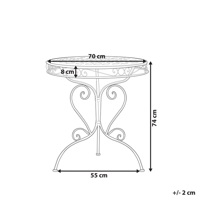 Tavolo da bistrot da esterno con piano rotondo in metallo e decorazioni verde