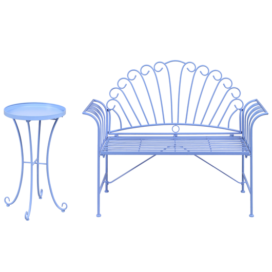 Set da giardino in metallo 1 panca 1 tavolino azzurro con braccioli svasati con tavolo in stile vintage