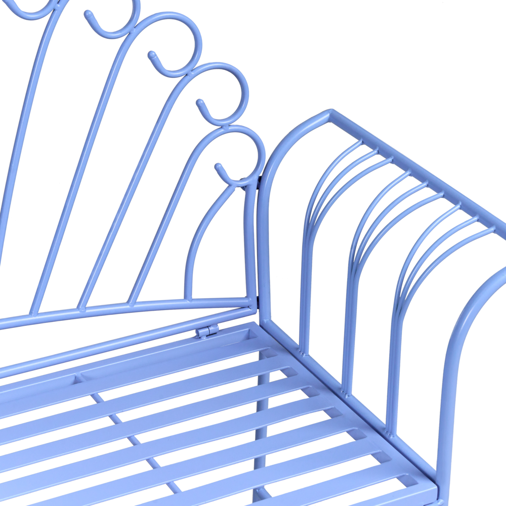 Set da giardino in metallo 1 panca 1 tavolino azzurro con braccioli svasati con tavolo in stile vintage