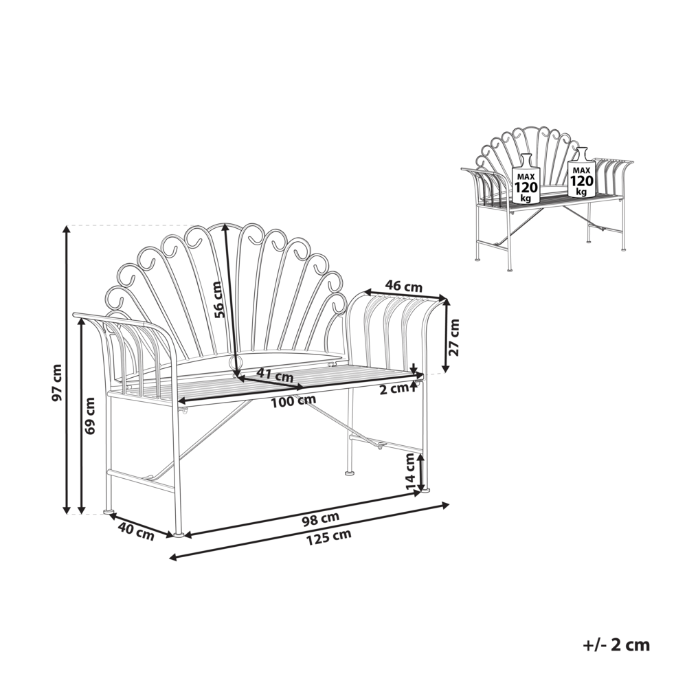 Panca da giardino vintage in metallo verde con braccioli svasati 2 posti esterno stile retrò