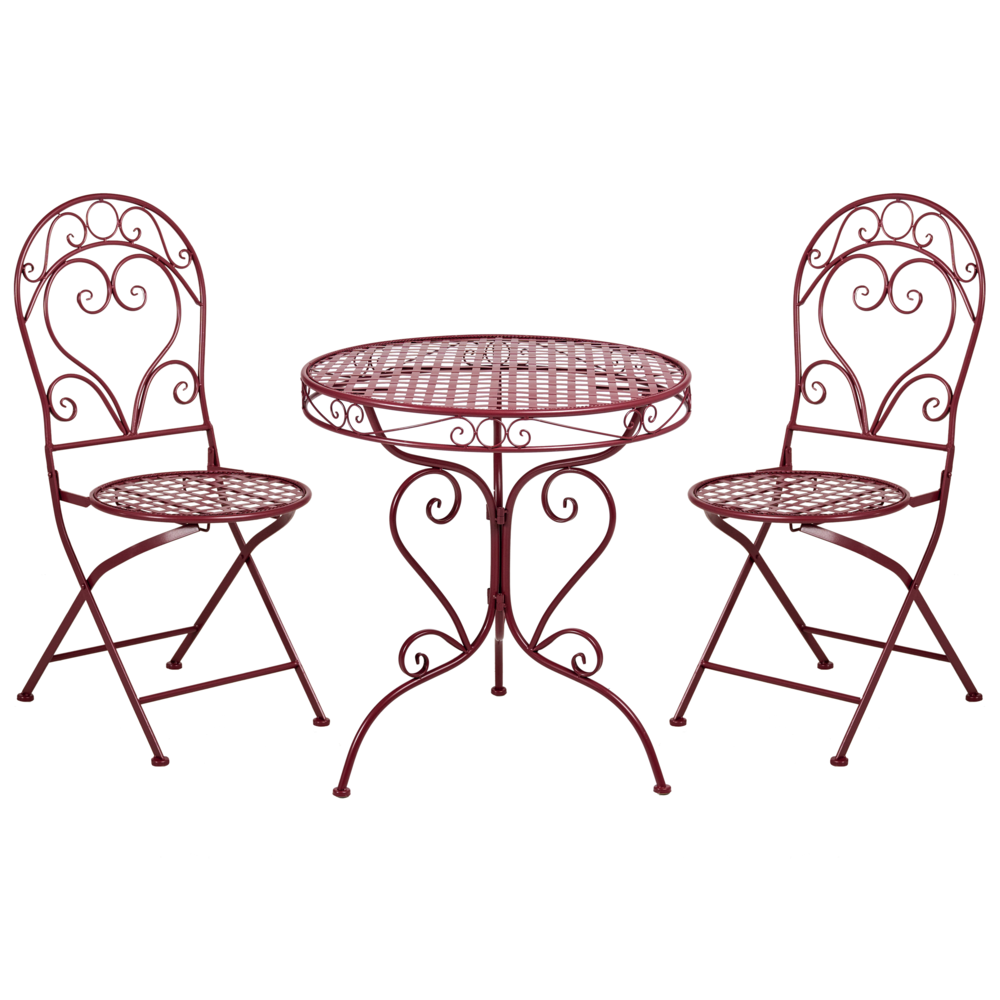 Set da giardino 3 pezzi con tavolo rotondo in metallo e sedie color bordeaux