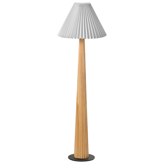 Lampada da terra industriale con paralume in tessuto e base in legno di gomma bianco naturale