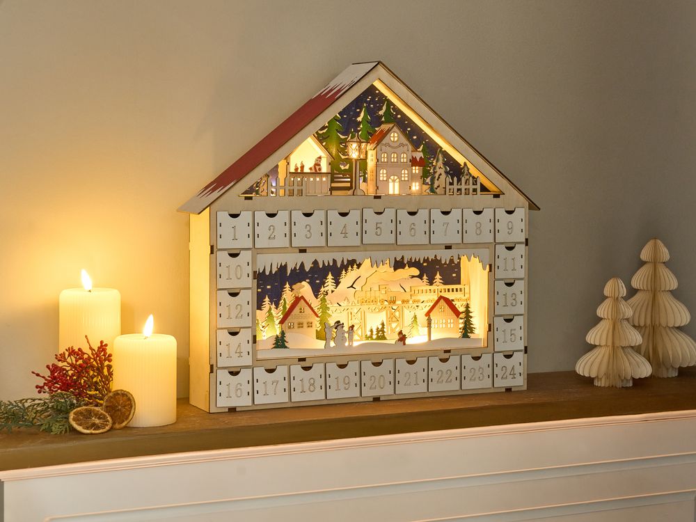 Decorazione natalizia a LED Calendario dell'Avvento in legno a forma di casetta Alimentato a batterie Marrone chiaro