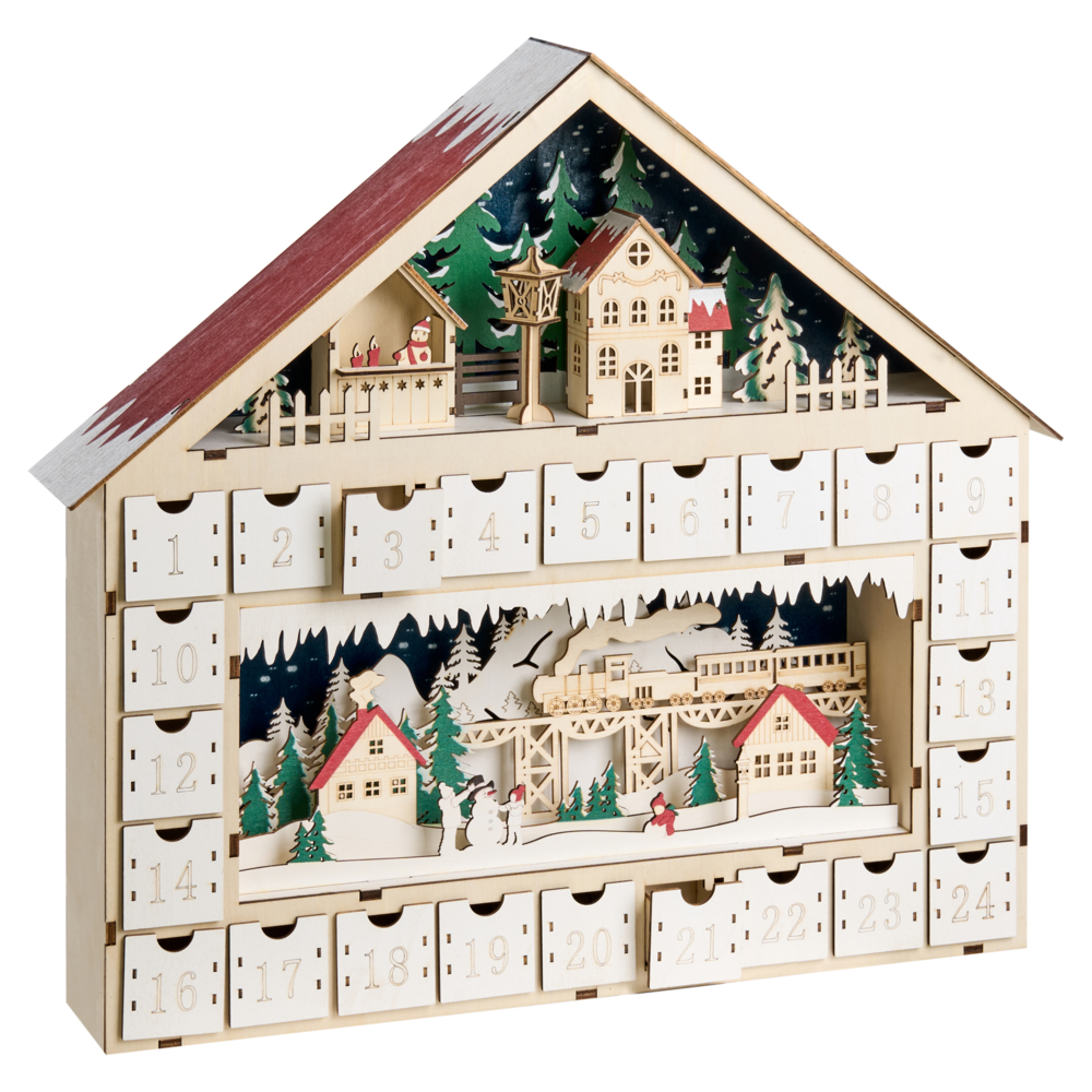 Decorazione natalizia a LED Calendario dell'Avvento in legno a forma di casetta Alimentato a batterie Marrone chiaro
