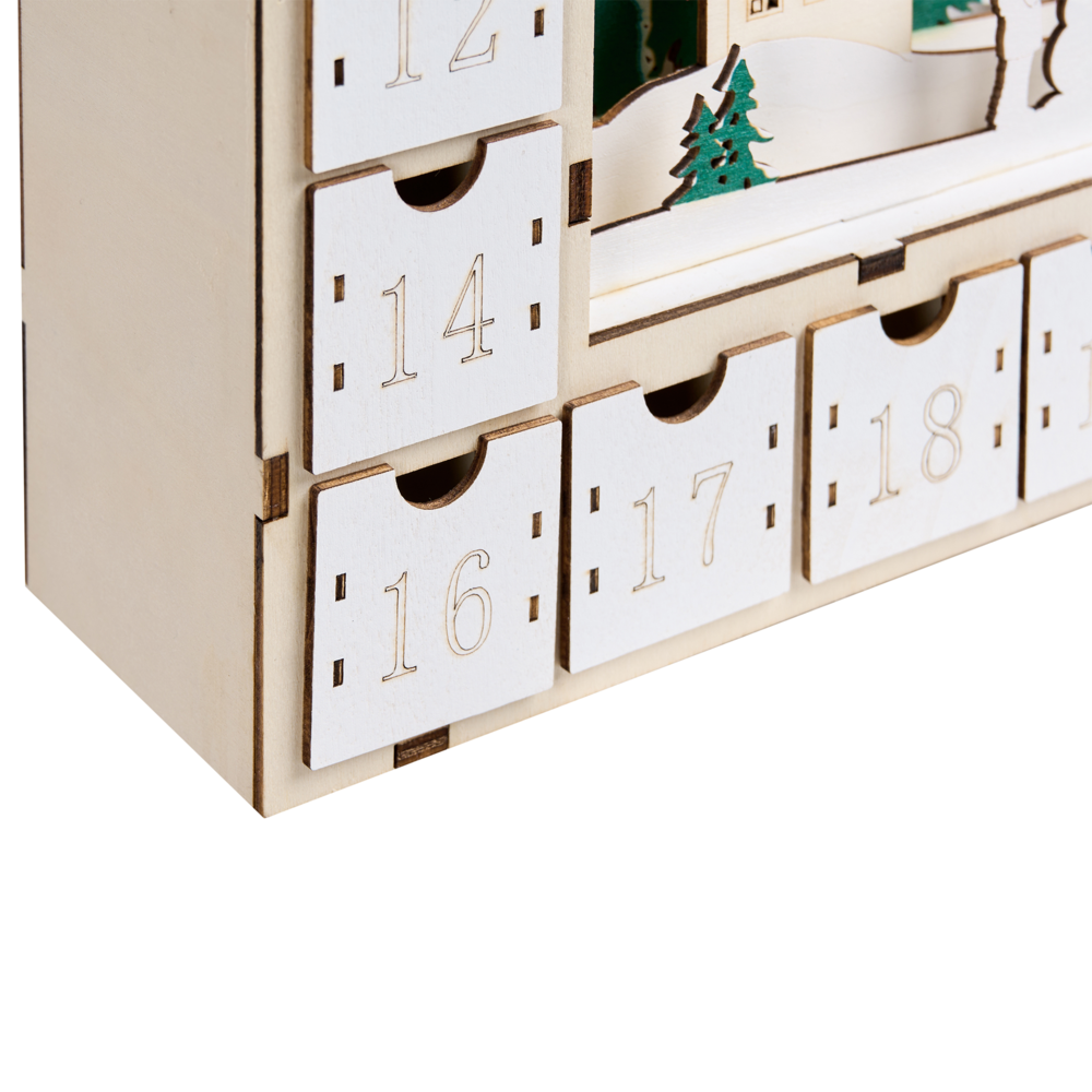 Decorazione natalizia a LED Calendario dell'Avvento in legno a forma di casetta Alimentato a batterie Marrone chiaro