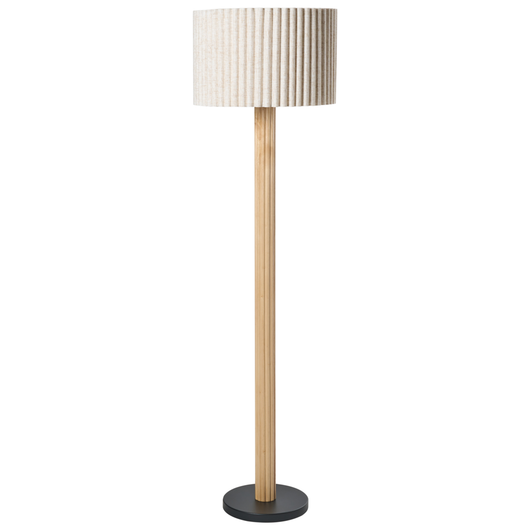 Lampada da terra con paralume in tessuto di lino e base in legno di gomma naturale color beige chiaro stile moderno