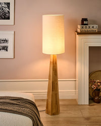 Lampada da terra moderna con paralume a tamburo in tessuto di lino e legno di gomma naturale