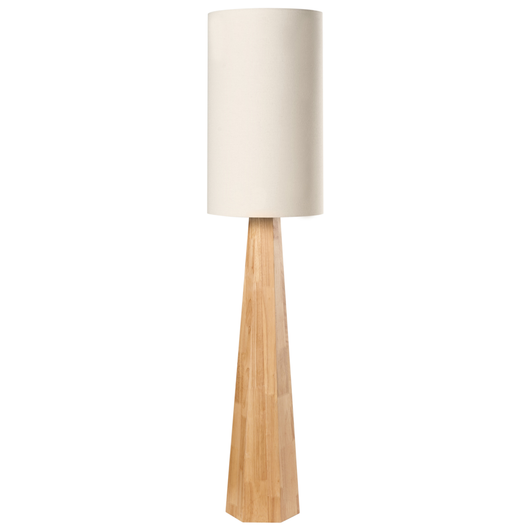 Lampada da terra moderna con paralume a tamburo in tessuto di lino e legno di gomma naturale