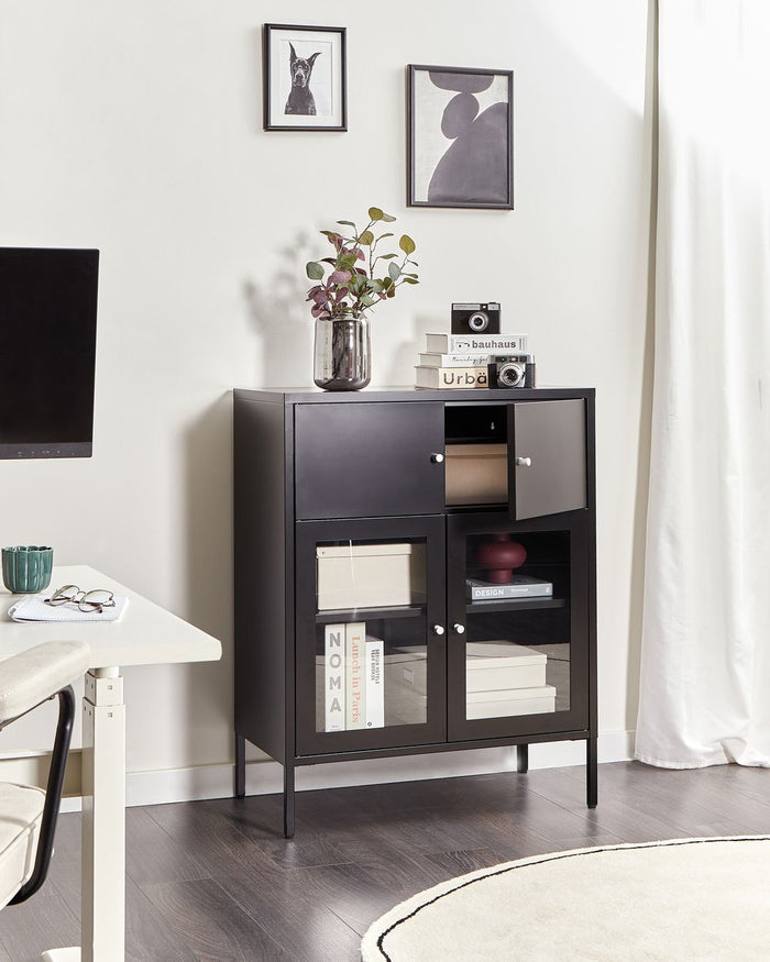 Vetrinetta in ferro nero con 2 ante in vetro e 2 scomparti chiusi Stile scandinavo