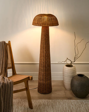 Lampada da terra Boho con paralume in rattan e base in vimini per soggiorno e camera da letto marrone