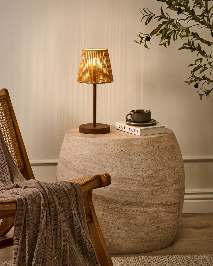 Lampada da tavolo in corda di carta marrone Paralume in ferro metallico con finitura opaca Base a gabbia Luce Camera da letto Soggiorno