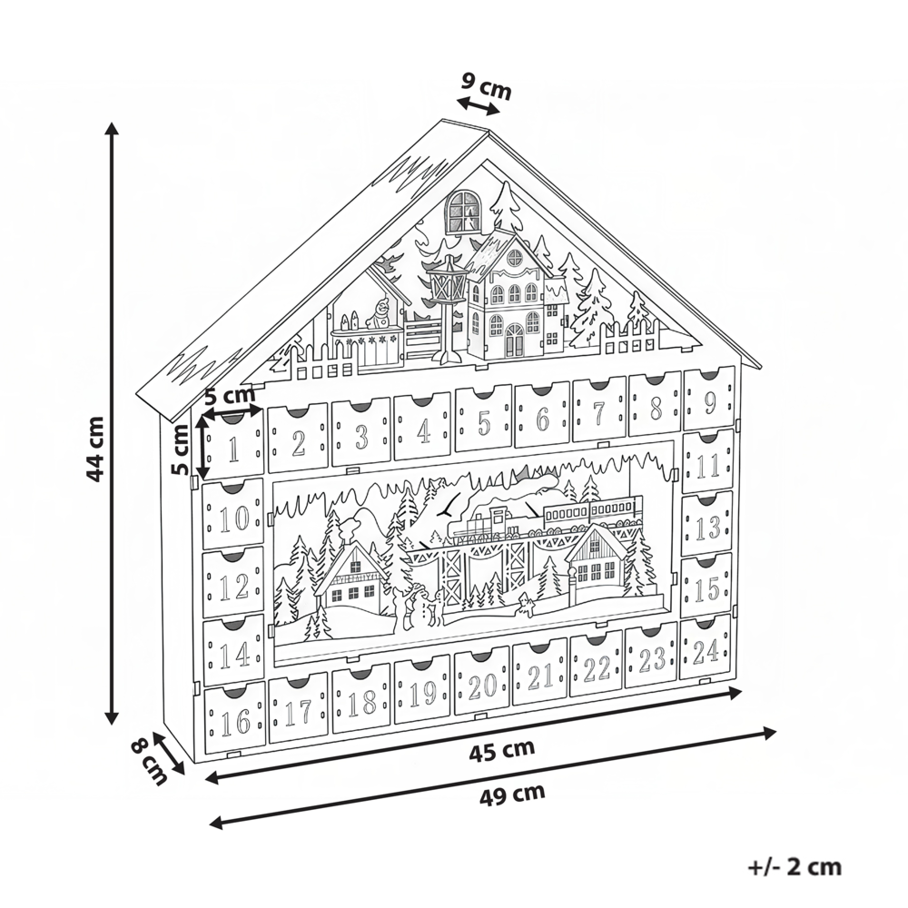 Decorazione natalizia a LED Calendario dell'Avvento in legno a forma di casetta Alimentato a batterie Marrone chiaro
