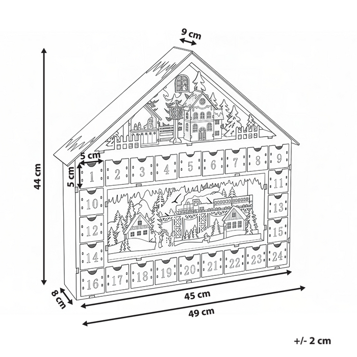 Decorazione natalizia a LED Calendario dell'Avvento in legno a forma di casetta Alimentato a batterie Marrone chiaro
