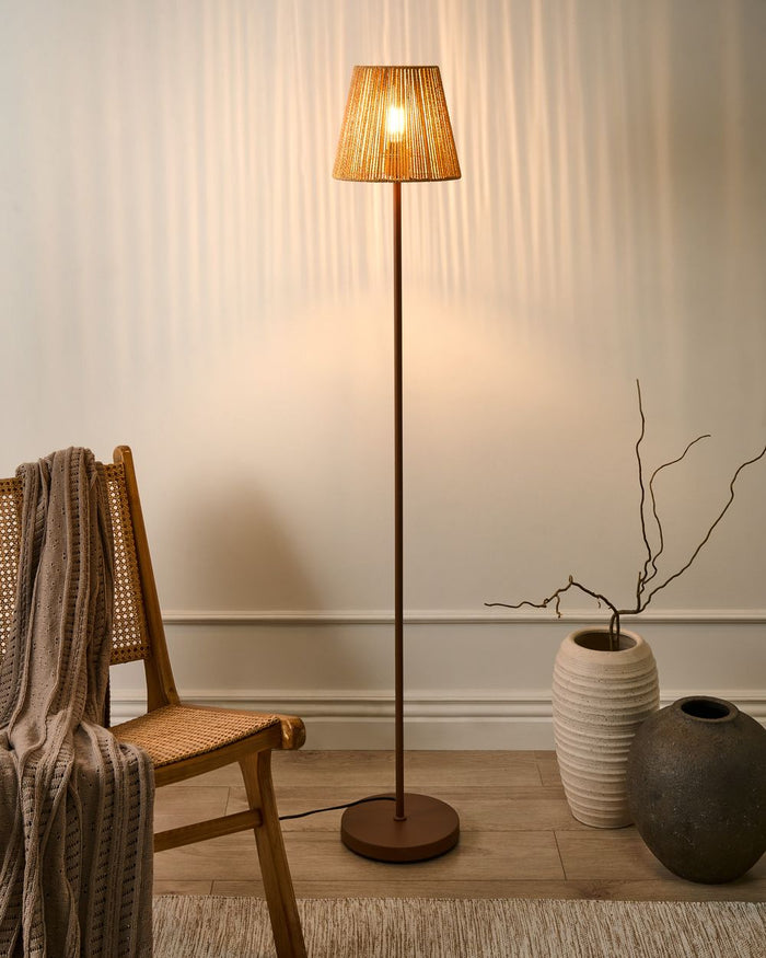 Lampada da terra in carta marrone paralume di corda metallo ferro finitura opaca base gabbia paralume luce camera da letto soggiorno stile Boho