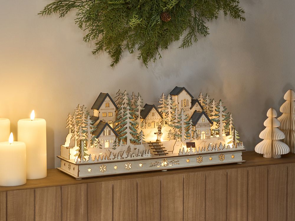 Decorazione natalizia in legno marrone illuminato con luci LED Ornamento a batteria