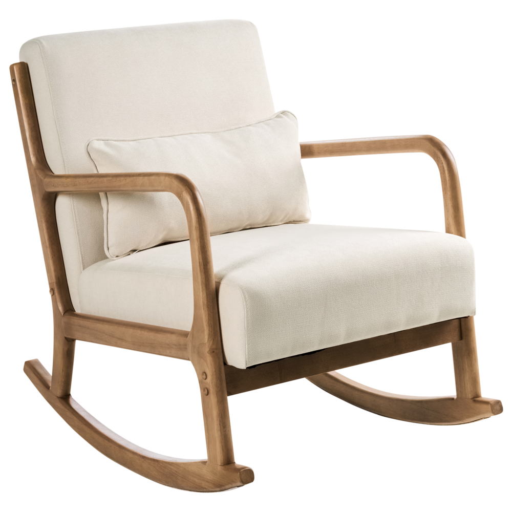 Sedia a dondolo Beige Chiaro Tessuto Gambe in legno con braccioli e cuscino Soggiorno classico tradizionale