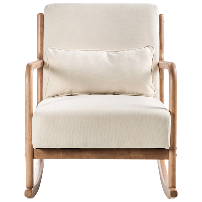 Sedia a dondolo Beige Chiaro Tessuto Gambe in legno con braccioli e cuscino Soggiorno classico tradizionale