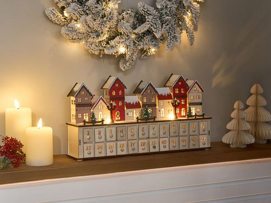 Decorazione natalizia con luci LED Calendario dell'Avvento in legno marrone luminoso Scenario natalizio a batteria