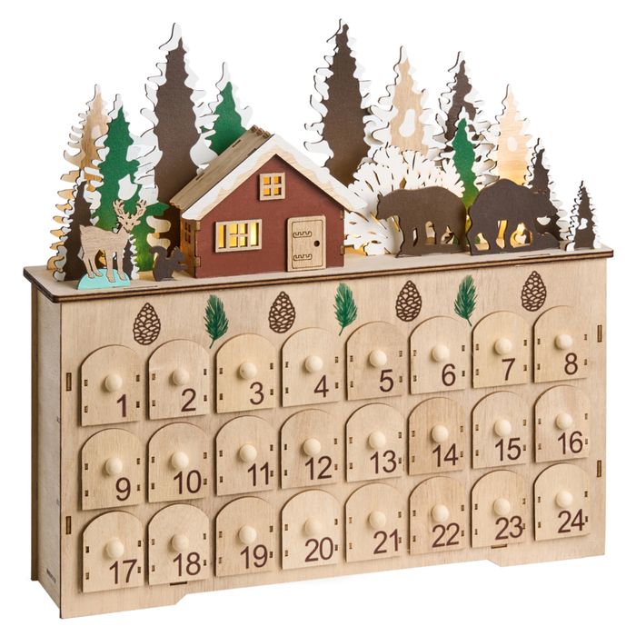 Decorazione natalizia in legno marrone chiaro illuminata con luci LED Calendario dell'Avvento a batteria Scenario natalizio