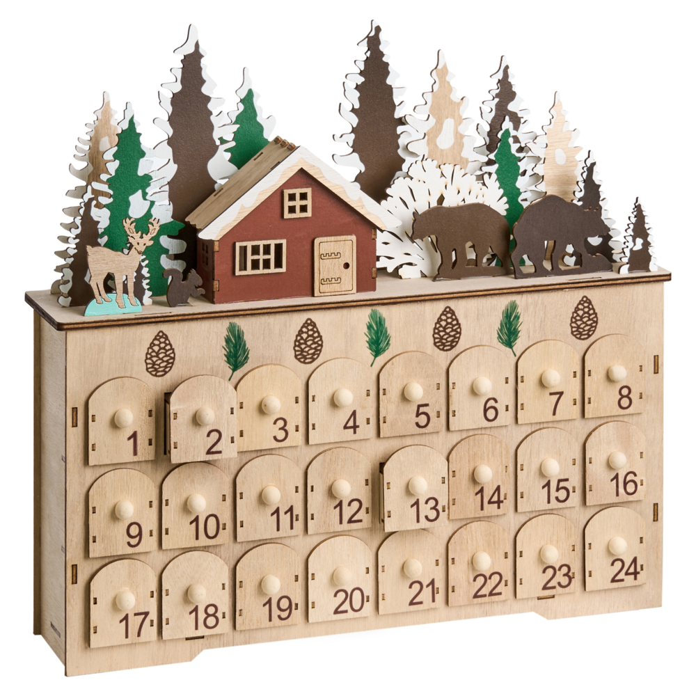 Decorazione natalizia in legno marrone chiaro illuminata con luci LED Calendario dell'Avvento a batteria Scenario natalizio