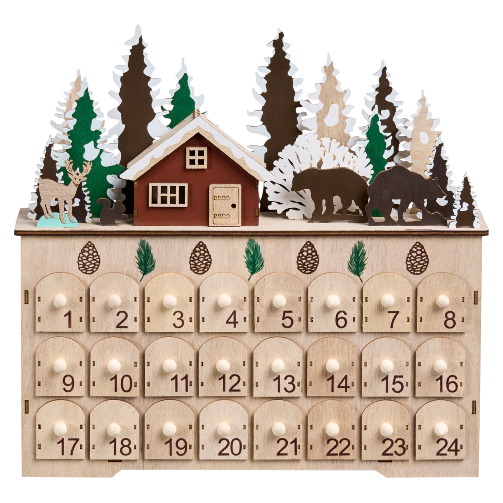 Decorazione natalizia in legno marrone chiaro illuminata con luci LED Calendario dell'Avvento a batteria Scenario natalizio