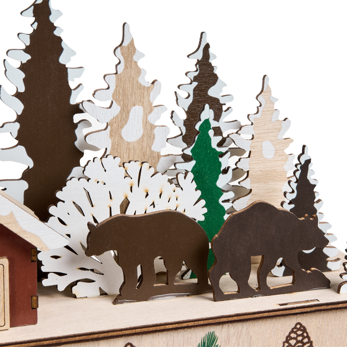 Decorazione natalizia in legno marrone chiaro illuminata con luci LED Calendario dell'Avvento a batteria Scenario natalizio