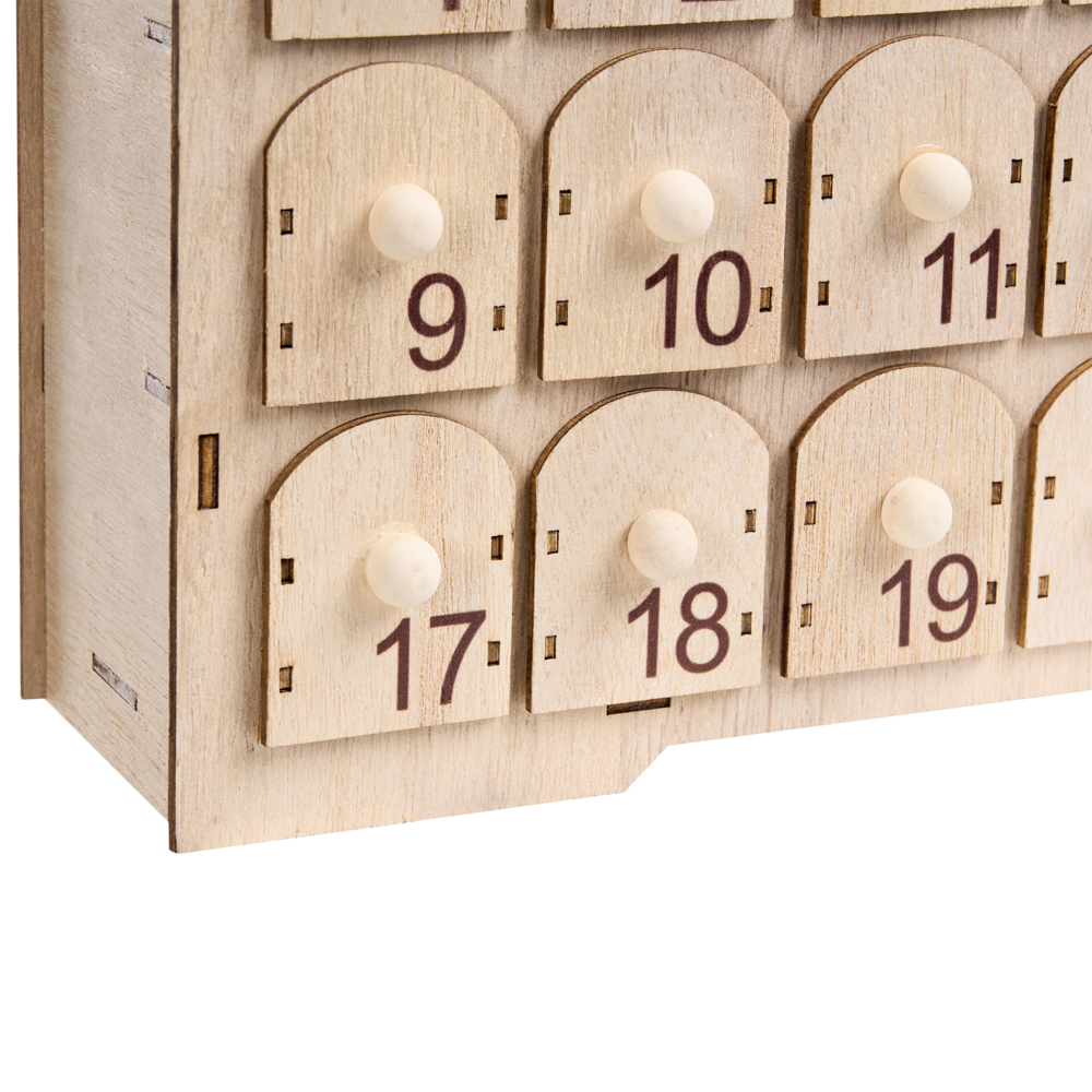 Decorazione natalizia in legno marrone chiaro illuminata con luci LED Calendario dell'Avvento a batteria Scenario natalizio