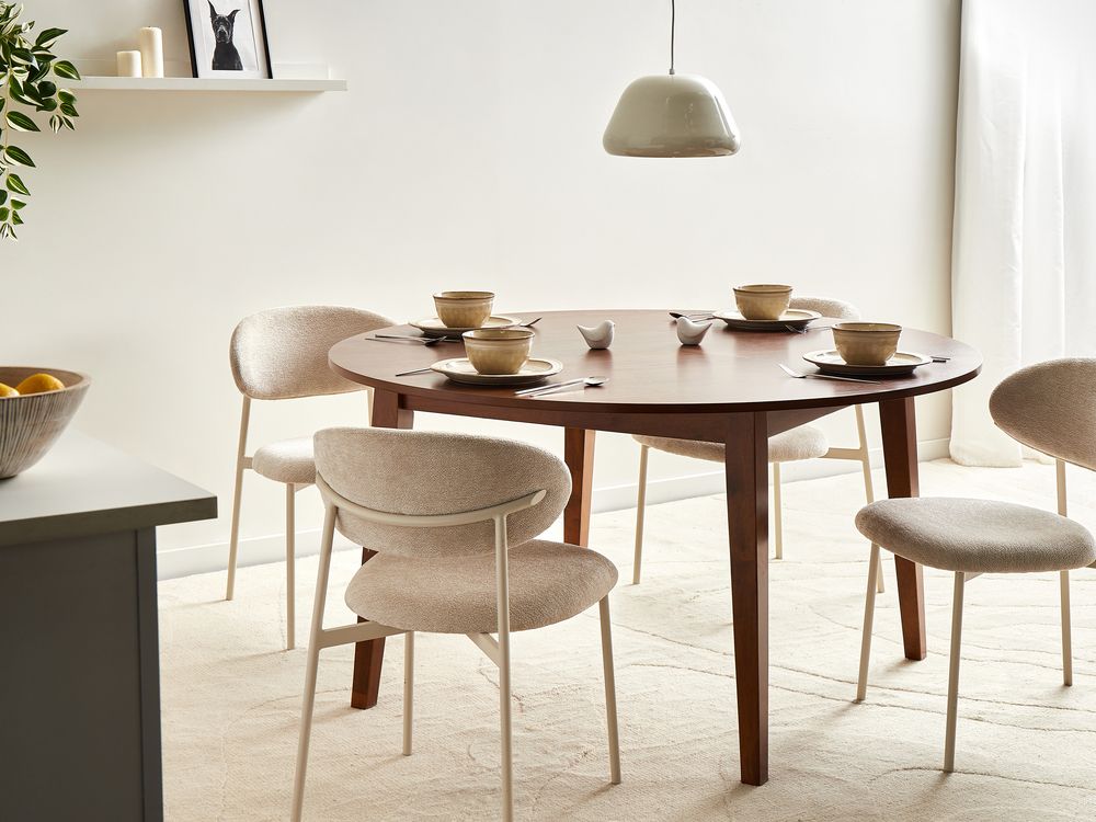 Tavolo da pranzo marrone scuro MDF impiallacciato rovere Base in legno di gomma 140 cm Piano del tavolo rotondo Moderno