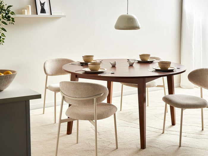 Tavolo da pranzo marrone scuro MDF impiallacciato rovere Base in legno di gomma 140 cm Piano del tavolo rotondo Moderno