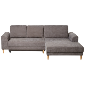 Divano letto angolare a 3 posti con braccioli contenitori rivestito in ciniglia tortora lato sinistro stile moderno