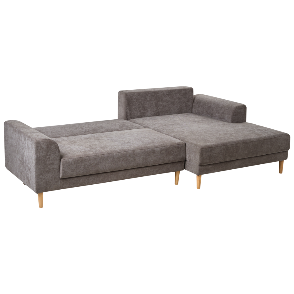 Divano letto angolare a 3 posti con braccioli contenitori rivestito in ciniglia tortora lato sinistro stile moderno