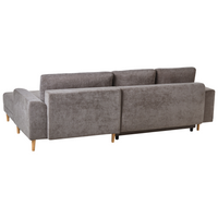 Divano letto angolare a 3 posti con braccioli contenitori rivestito in ciniglia tortora lato sinistro stile moderno