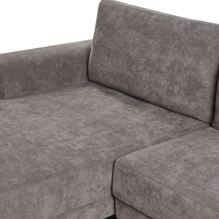 Divano letto angolare a 3 posti con braccioli contenitori rivestito in ciniglia tortora lato sinistro stile moderno