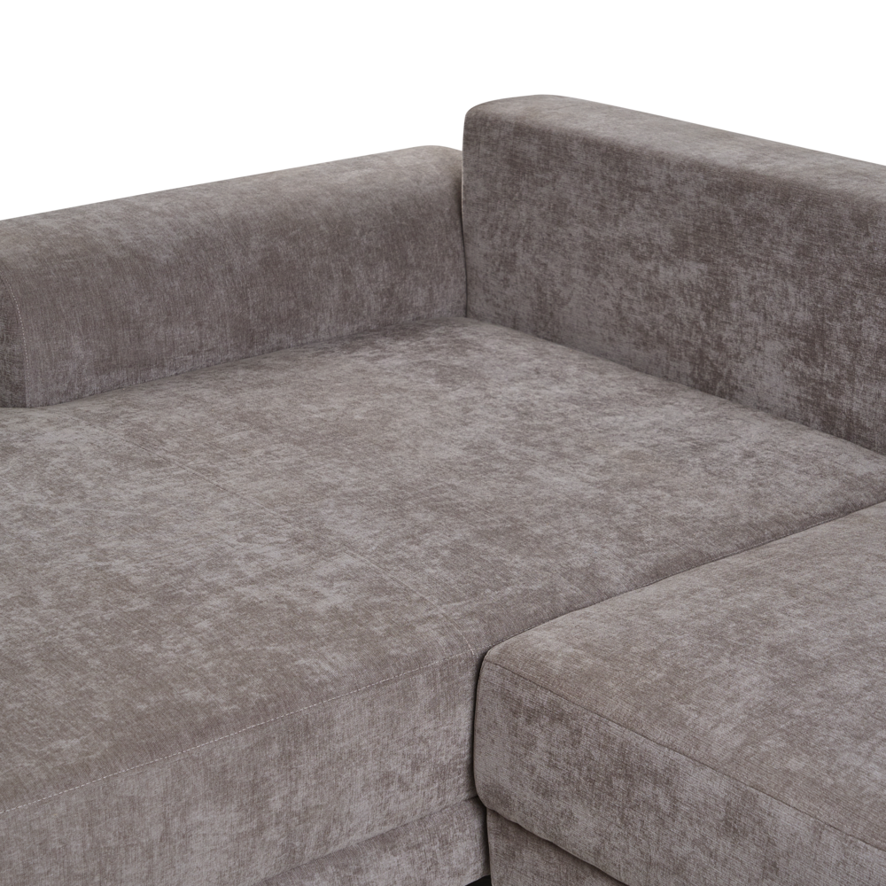 Divano letto angolare a 3 posti con braccioli contenitori rivestito in ciniglia tortora lato sinistro stile moderno