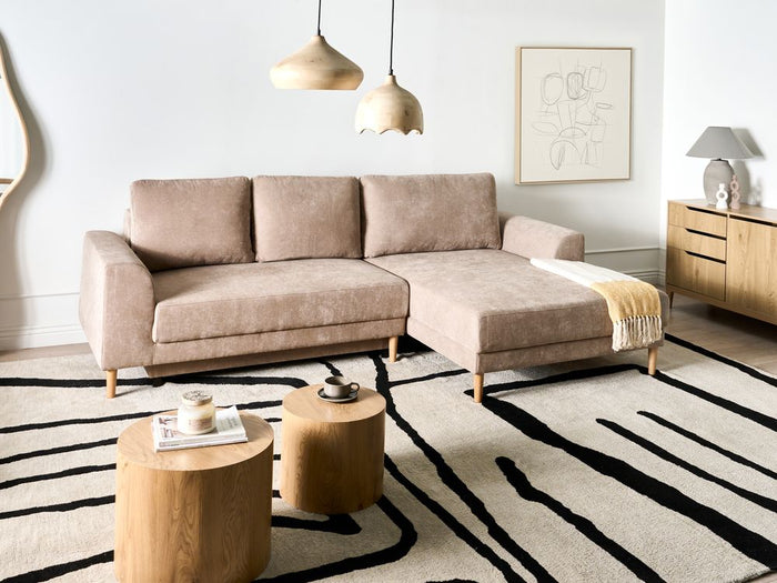 Divano letto angolare a 3 posti con braccioli contenitori rivestito in ciniglia marrone chiaro lato sinistro stile moderno