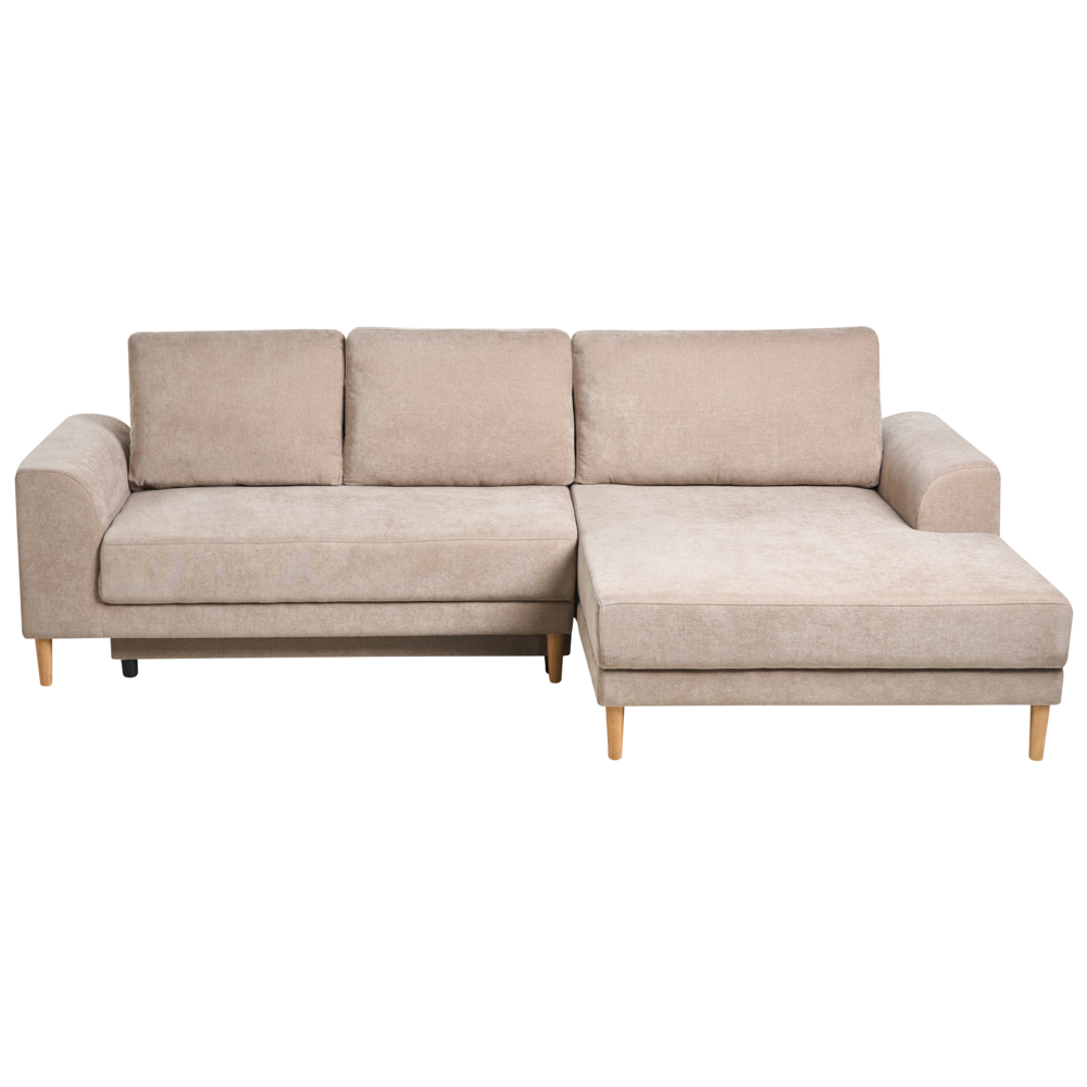 Divano letto angolare a 3 posti con braccioli contenitori rivestito in ciniglia marrone chiaro lato sinistro stile moderno