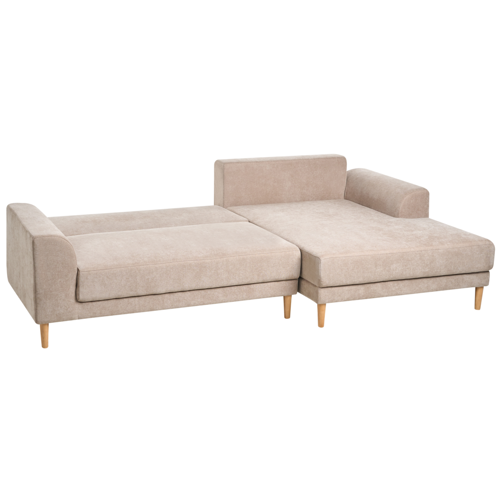 Divano letto angolare a 3 posti con braccioli contenitori rivestito in ciniglia marrone chiaro lato sinistro stile moderno