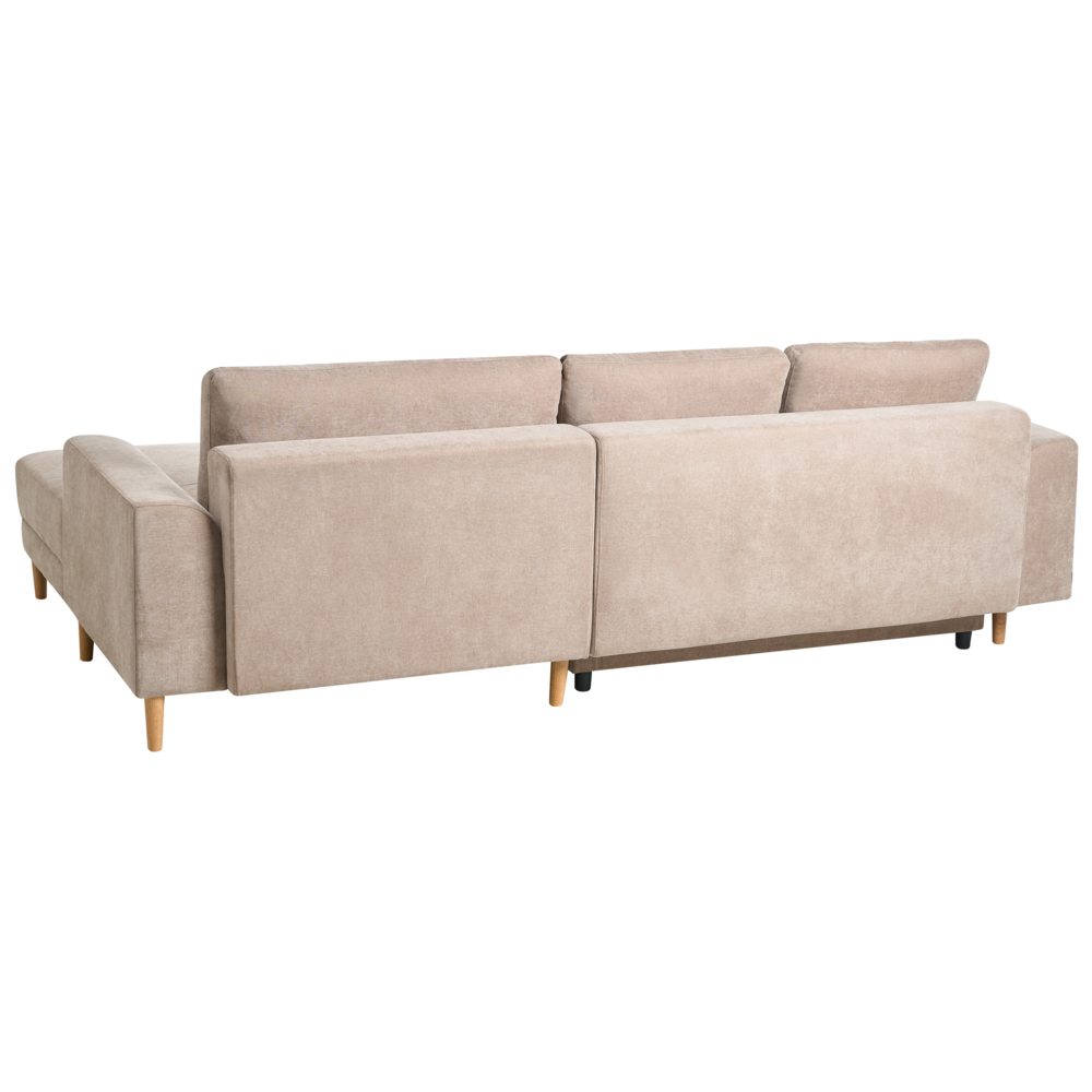 Divano letto angolare a 3 posti con braccioli contenitori rivestito in ciniglia marrone chiaro lato sinistro stile moderno