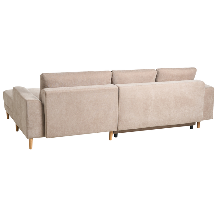 Divano letto angolare a 3 posti con braccioli contenitori rivestito in ciniglia marrone chiaro lato sinistro stile moderno