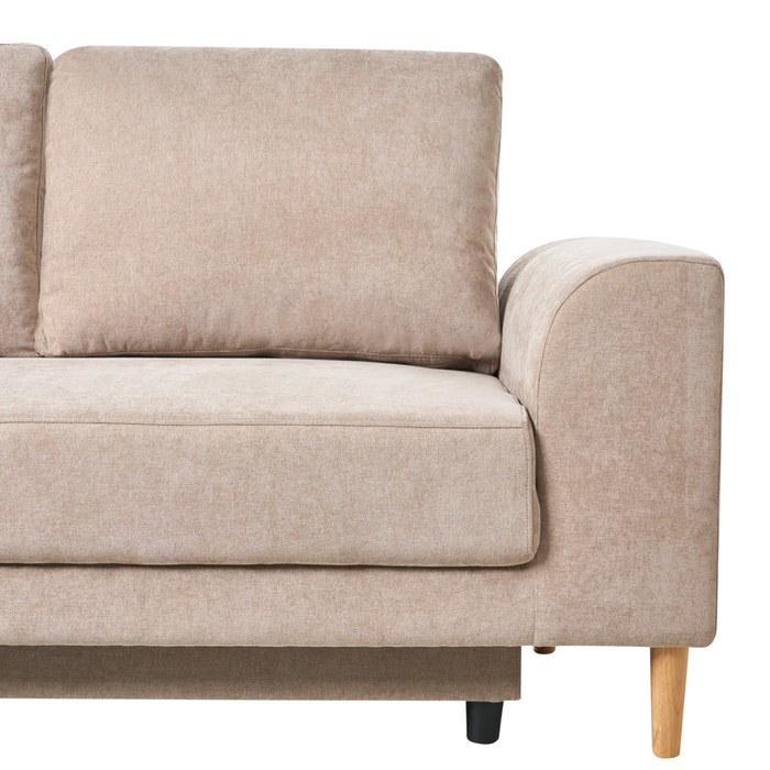 Divano letto angolare a 3 posti con braccioli contenitori rivestito in ciniglia marrone chiaro lato sinistro stile moderno