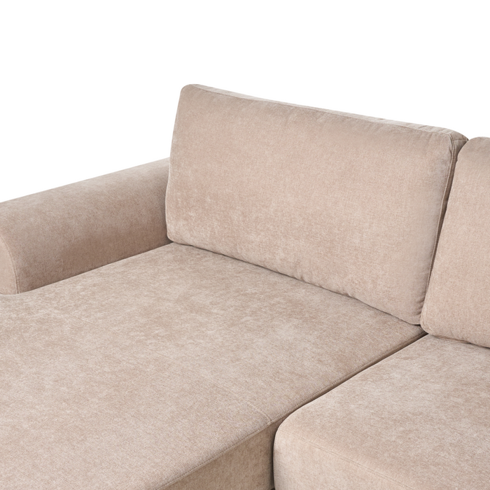 Divano letto angolare a 3 posti con braccioli contenitori rivestito in ciniglia marrone chiaro lato sinistro stile moderno